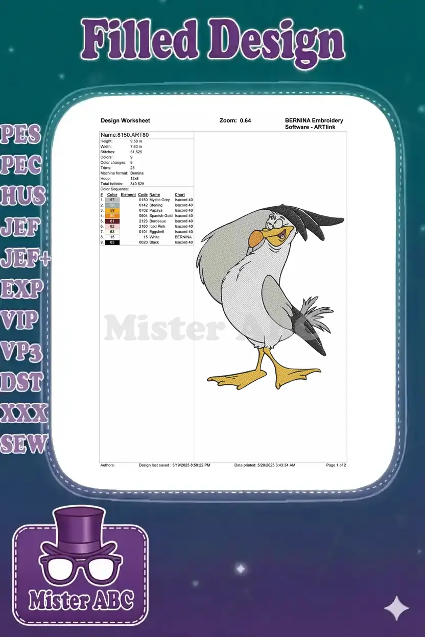 A detailed embroidery design worksheet for Scuttle, displaying dimensions, stitch count, and a comprehensive color chart.