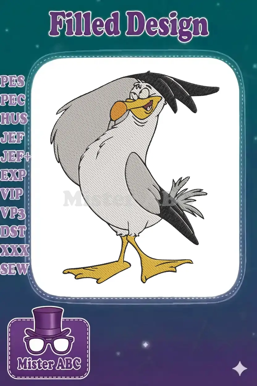 A vibrant digital embroidery design of Scuttle, the charming seagull from The Little Mermaid, in a playful pose.