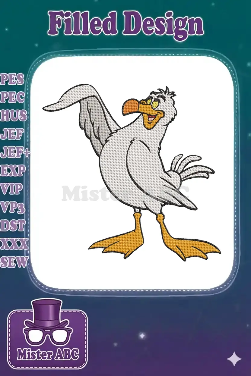 Detailed embroidery design of Scuttle, the cheerful seagull from Disney's The Little Mermaid, in a playful pose.