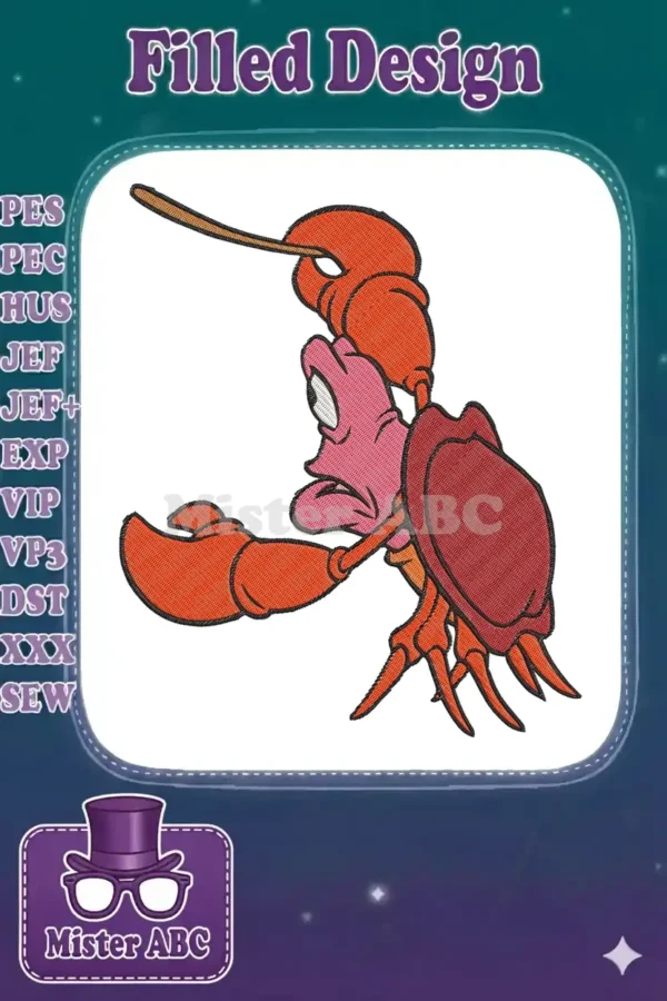 Vibrant embroidery of Sebastian the crab from Disney, showcasing intricate details and bold colors on a white background.