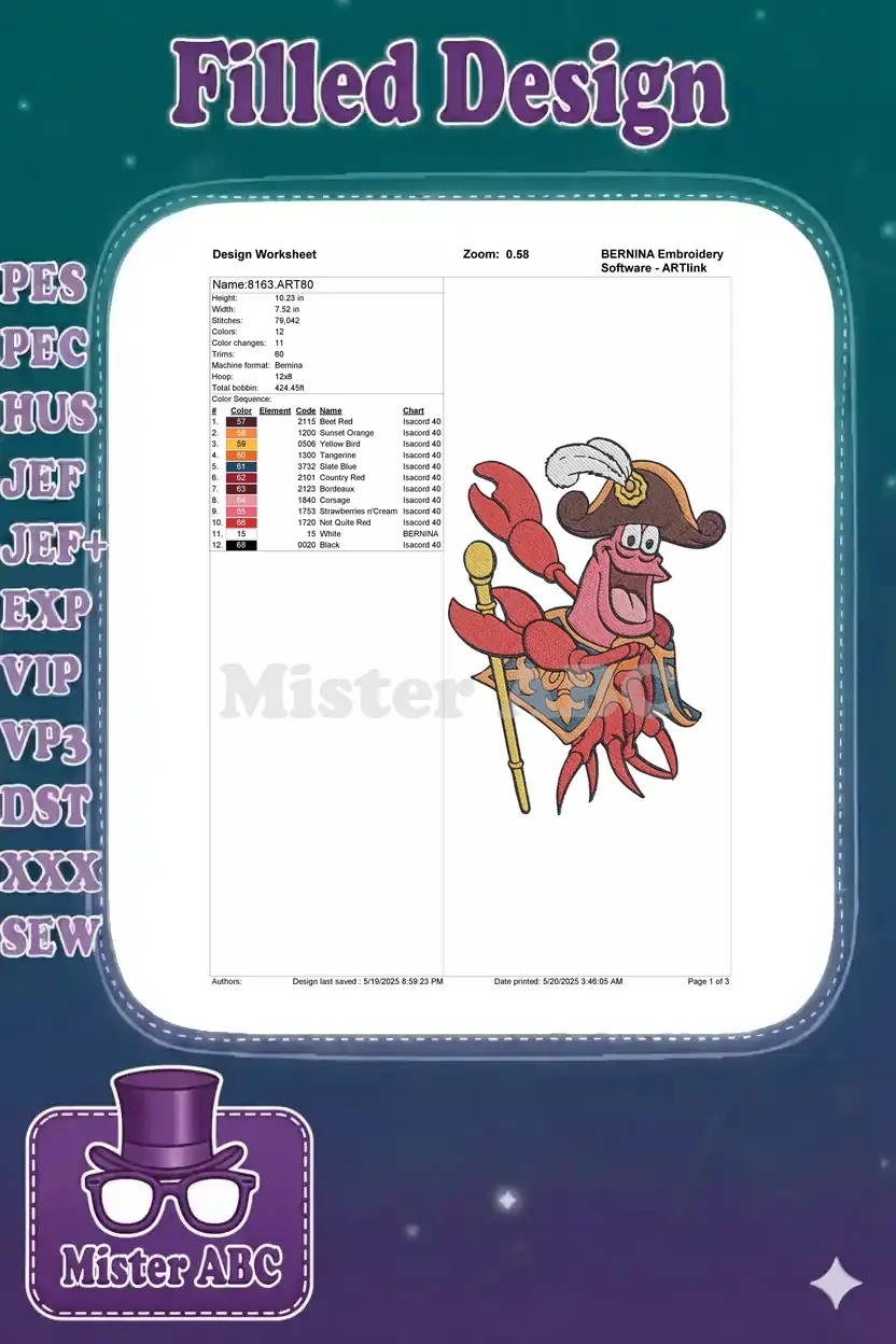Embroidery design worksheet for Sebastian the pirate, showing dimensions, stitch count, and color sequence.