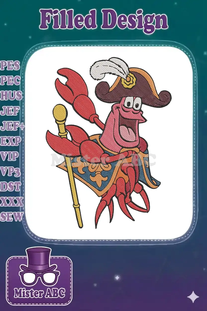 A vibrant embroidery design of Sebastian the Crab from The Little Mermaid, dressed as a swashbuckling pirate.