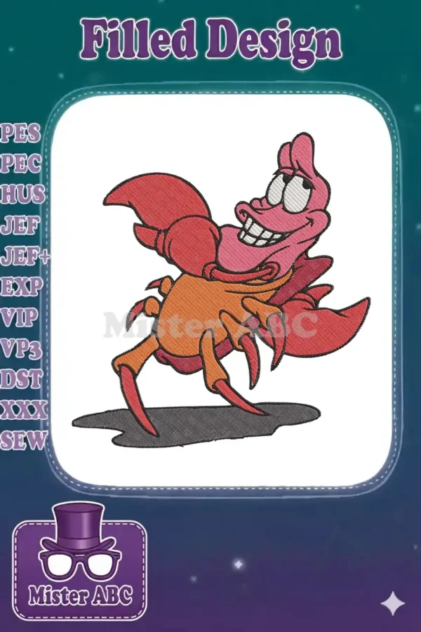 A vibrant embroidery design featuring Sebastian the crab from Disney's The Little Mermaid, smiling cheerfully.