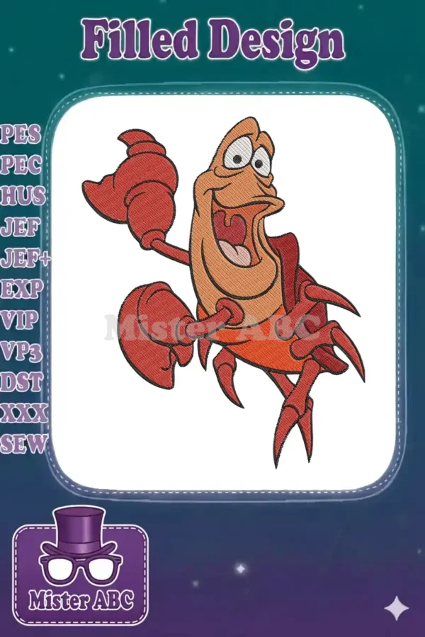 Vibrant embroidery design of Sebastian the Crab from Disney's The Little Mermaid, smiling and raising a claw.
