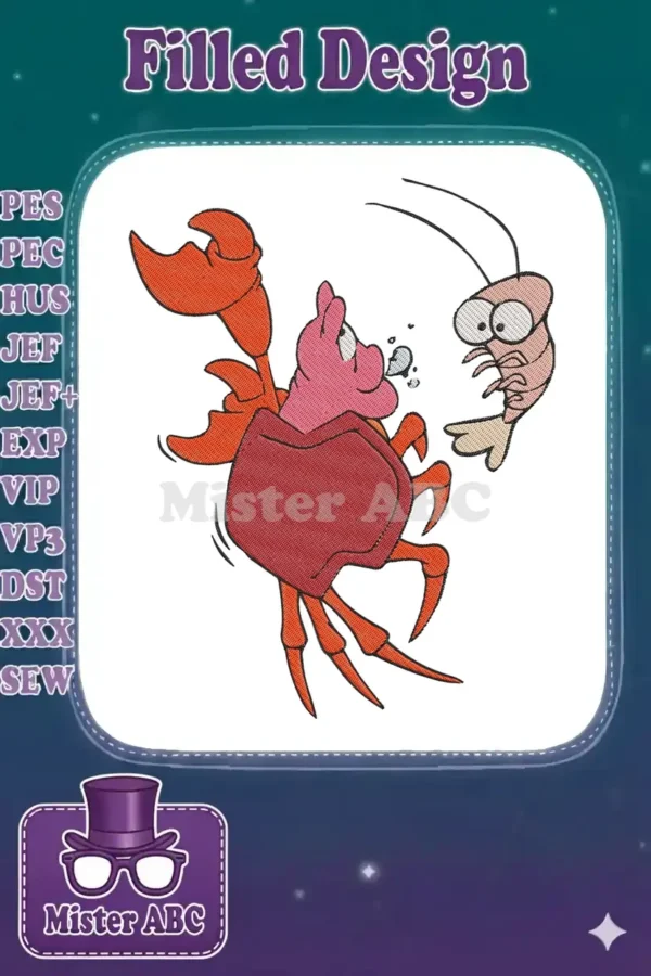 Sebastian the crab from The Little Mermaid, startled by a shrimp, in a vivid embroidery design.