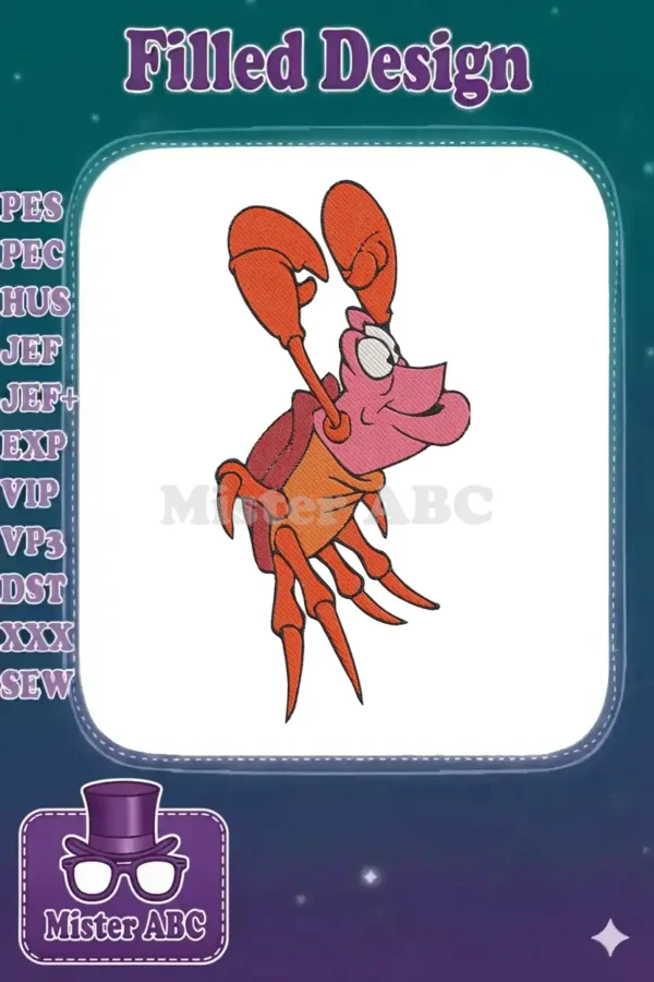 Vibrant embroidery of Sebastian the crab from Disney's The Little Mermaid, featuring detailed stitching and bold colors.