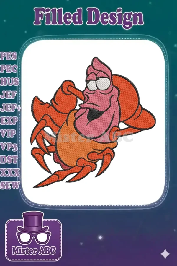 Close-up of Sebastian the crab embroidery design, featuring his iconic worried expression and vivid colors.