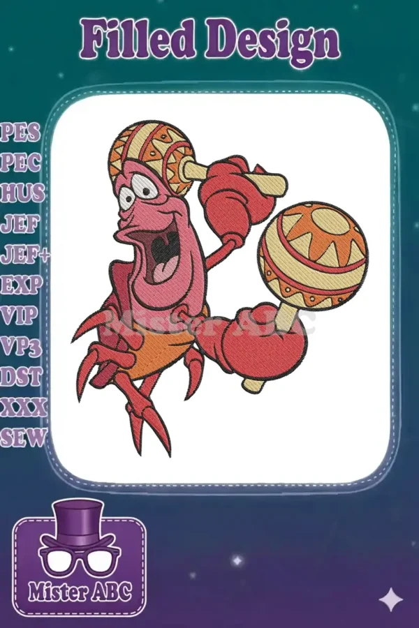 Vibrant embroidery design of Sebastian the crab from Disney's Little Mermaid, playing maracas excitedly.