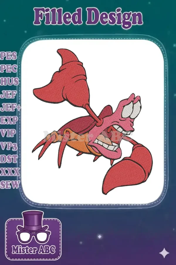 Vibrant embroidery of Sebastian the crab from Disney's Little Mermaid, with detailed shading and lively expression.