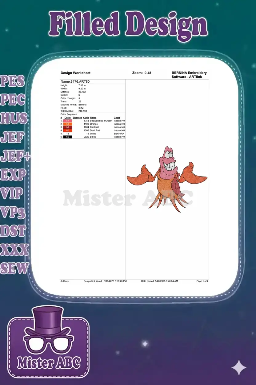 Embroidery design worksheet for Sebastian, detailing stitch count, dimensions, color sequence, and machine formats.