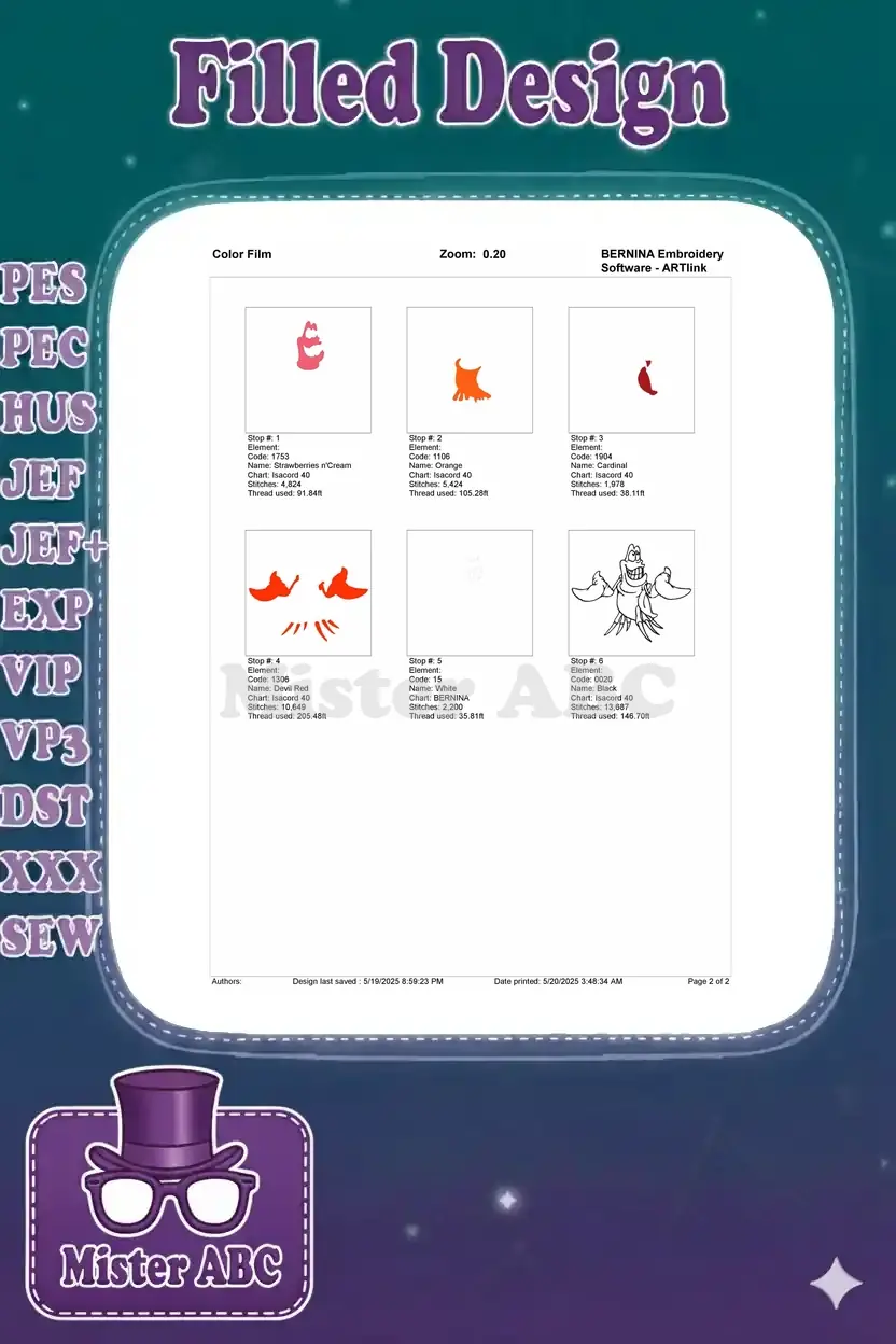 Color film showing the step-by-step stitching process and thread usage for the Sebastian embroidery design.