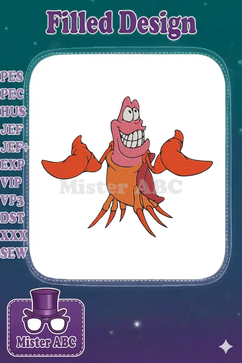 High-quality embroidery of Disney's Sebastian the crab, featuring vibrant colors and a cheerful, wide-grinned expression.