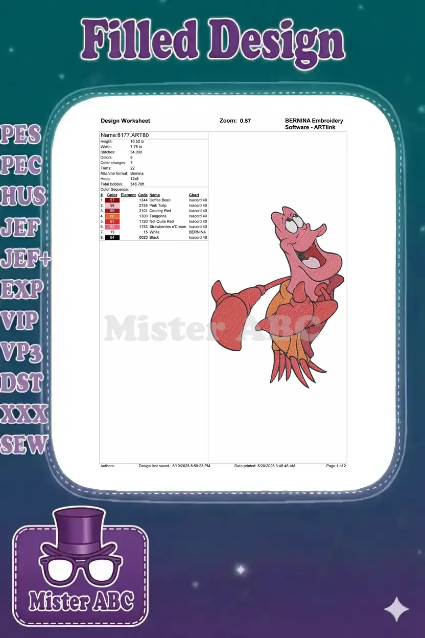 A detailed embroidery design worksheet for Sebastian, showing dimensions, stitch count, and color palette.