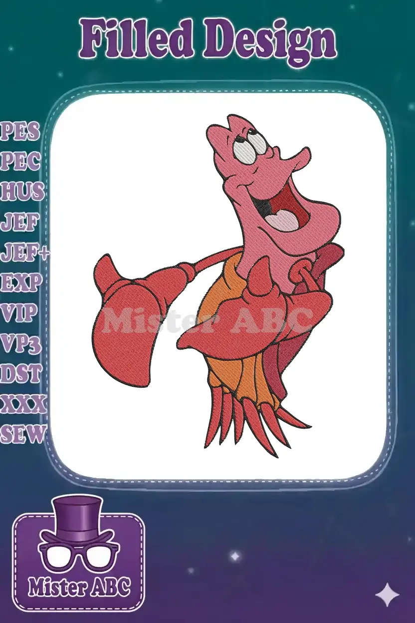 Vibrant embroidery of Sebastian the crab, from Disney's The Little Mermaid, with a joyful expression.