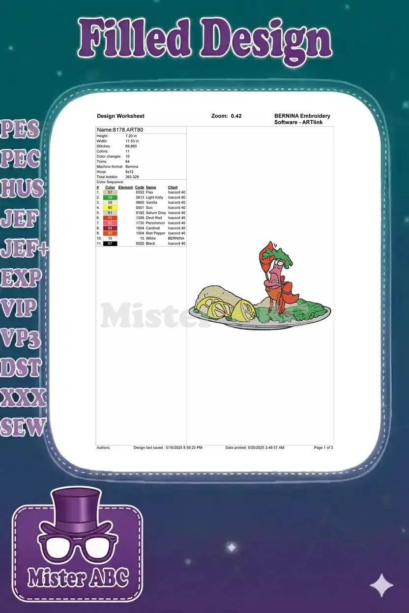 Detailed embroidery design worksheet for Sebastian on a Platter, showing specifications like size, stitch count, and colors.