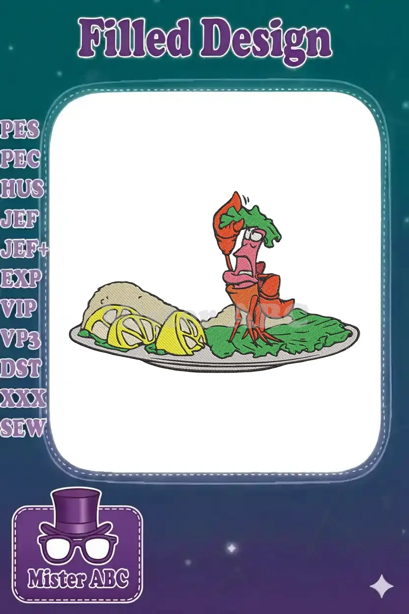 Sebastian the crab from The Little Mermaid looks distressed on a platter with lettuce and lemon slices, embroidered.