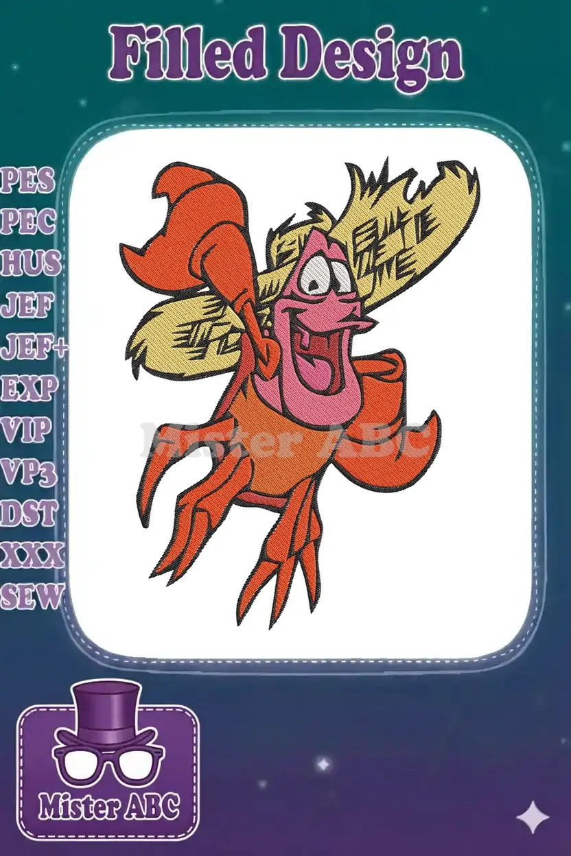 Vibrant Sebastian from The Little Mermaid embroidery design, a cheerful red crab with yellow accents, mid-action.