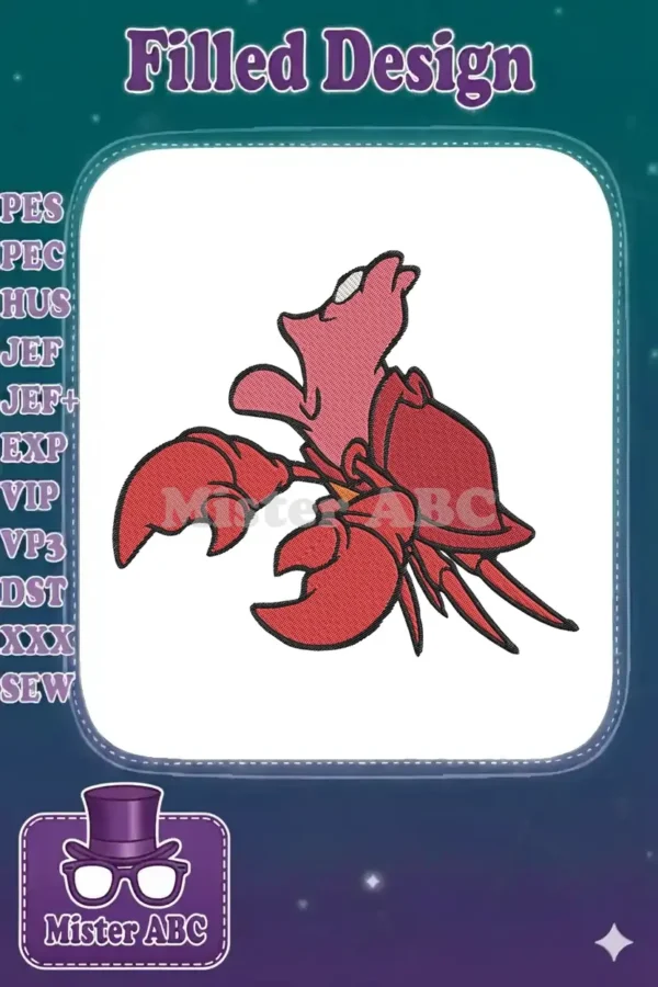 Vibrant embroidery design featuring Sebastian the crab from Disney's The Little Mermaid, captured in a dynamic pose.