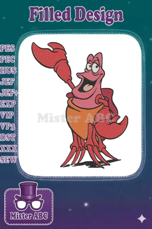 Vibrant embroidery of Sebastian the Crab from The Little Mermaid, smiling with one claw raised, isolated on white.