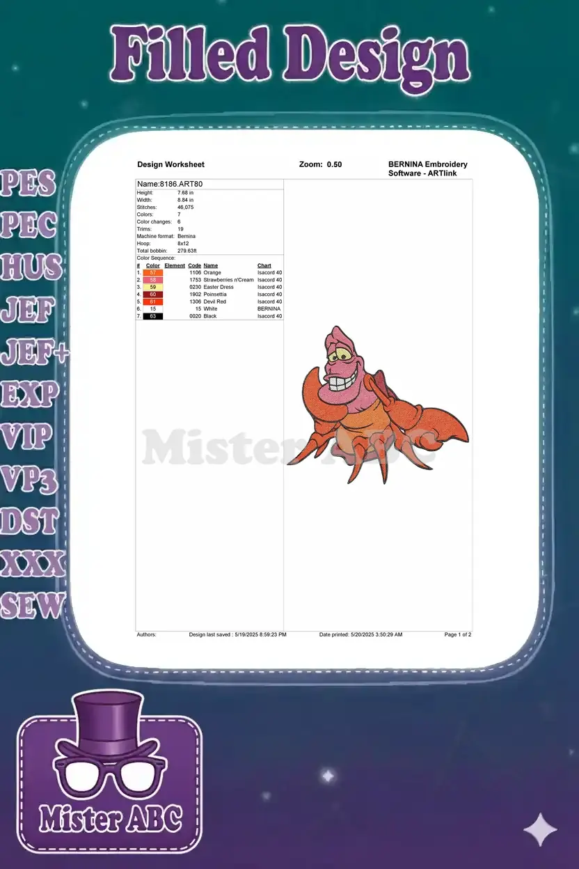 Embroidery design worksheet for Sebastian the Crab, detailing thread colors, stitch count, and dimensions.