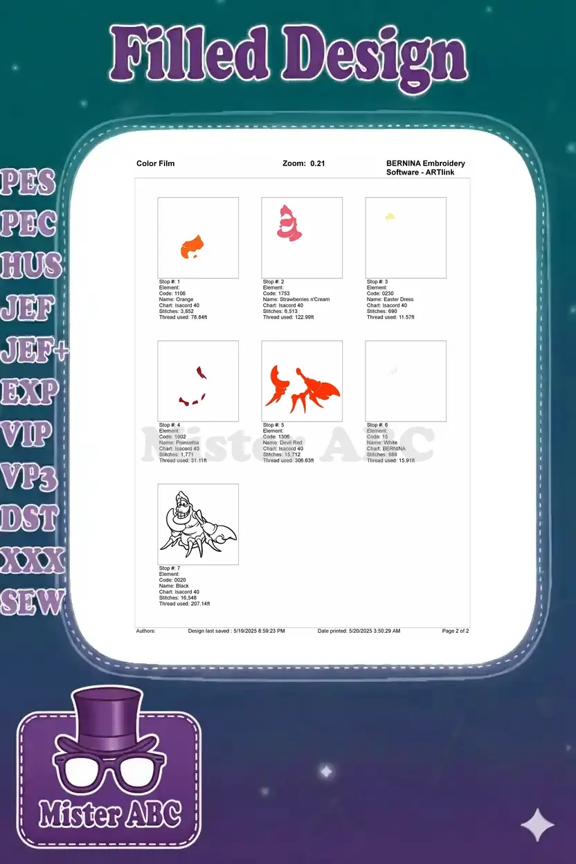 Color film breakdown of the Sebastian embroidery design, illustrating the stitch order for each color element.