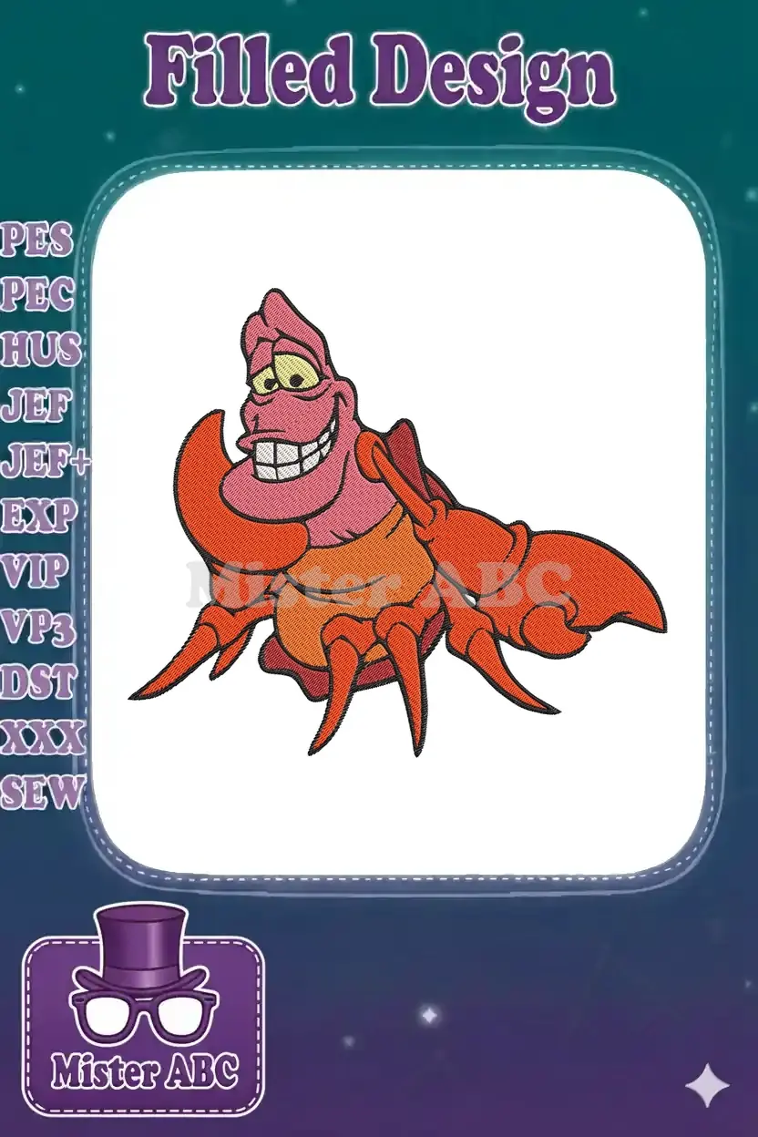 Vibrant embroidery of Sebastian the Crab from The Little Mermaid, smiling widely, ready for your next project.