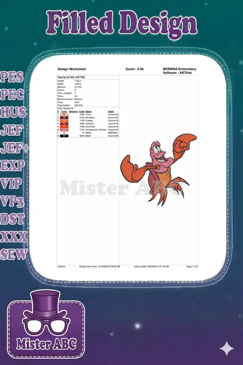 Embroidery design worksheet for Sebastian, showing dimensions, stitch count, color sequence, and thread codes.