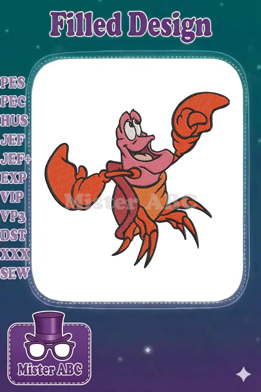 A vibrant embroidery design featuring Sebastian the crab from Disney's The Little Mermaid, arms wide, smiling.