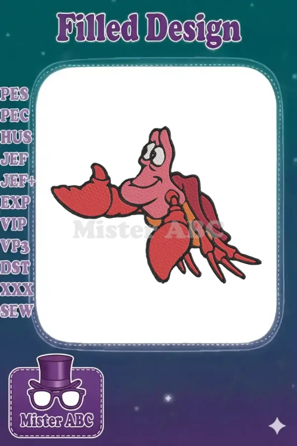 Vibrant embroidery of Disney's Sebastian the Crab, featuring detailed fill stitches and bold outlines.