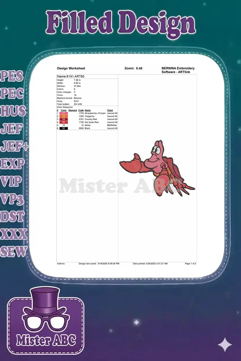 Embroidery design worksheet for Sebastian, showing dimensions, stitch count, colors, and machine details.
