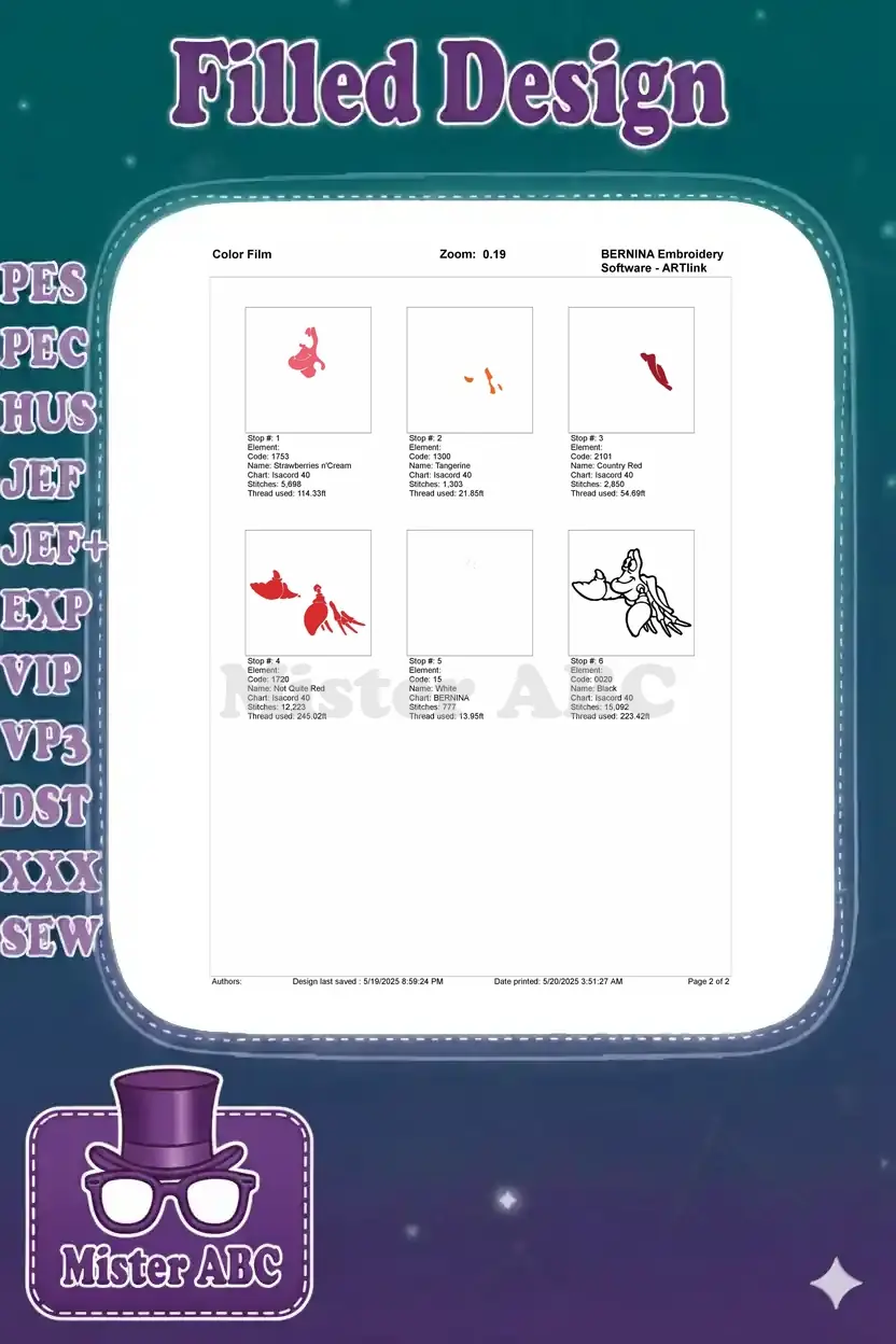 Color film breakdown of Sebastian embroidery, detailing stitch stops and thread usage for each color.