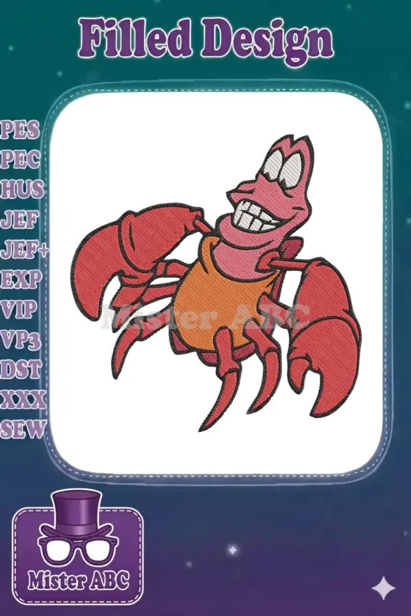 Vibrant machine embroidery design featuring a cheerful Sebastian the crab from Disney's The Little Mermaid.