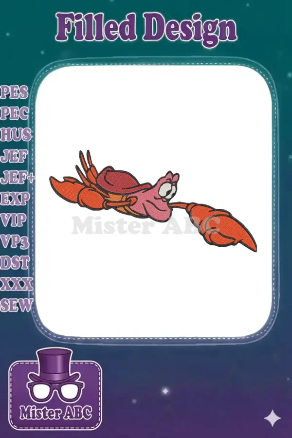 Vibrant embroidery design of Sebastian, the cheerful red crab from Disney's The Little Mermaid, in a playful pose.