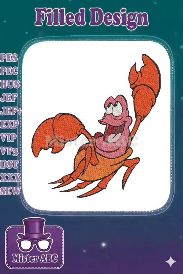 A lively embroidery of Sebastian the crab from Disney's The Little Mermaid, with a wide smile and raised claws.