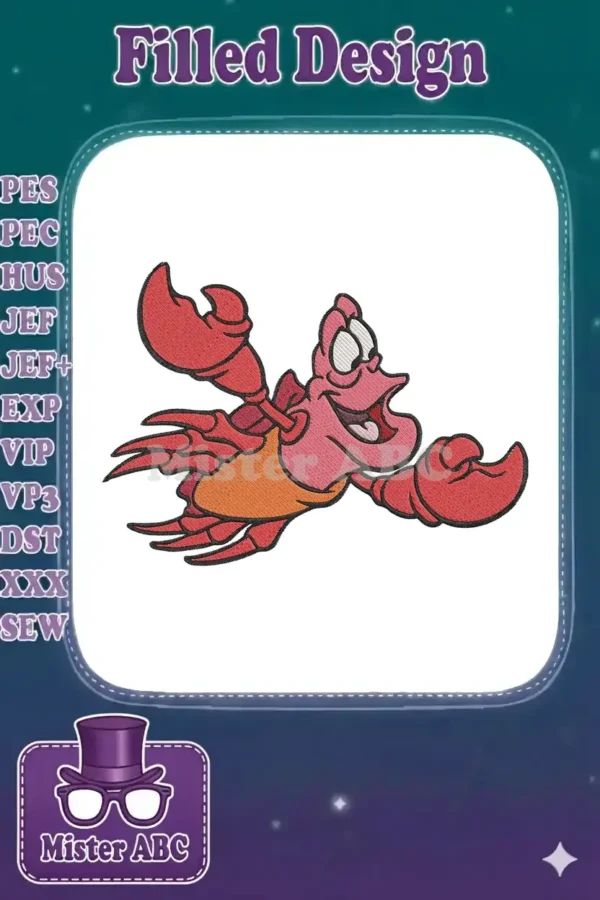 A vibrant embroidery design of Sebastian the crab from Disney's The Little Mermaid, depicted in a joyful, lively pose.
