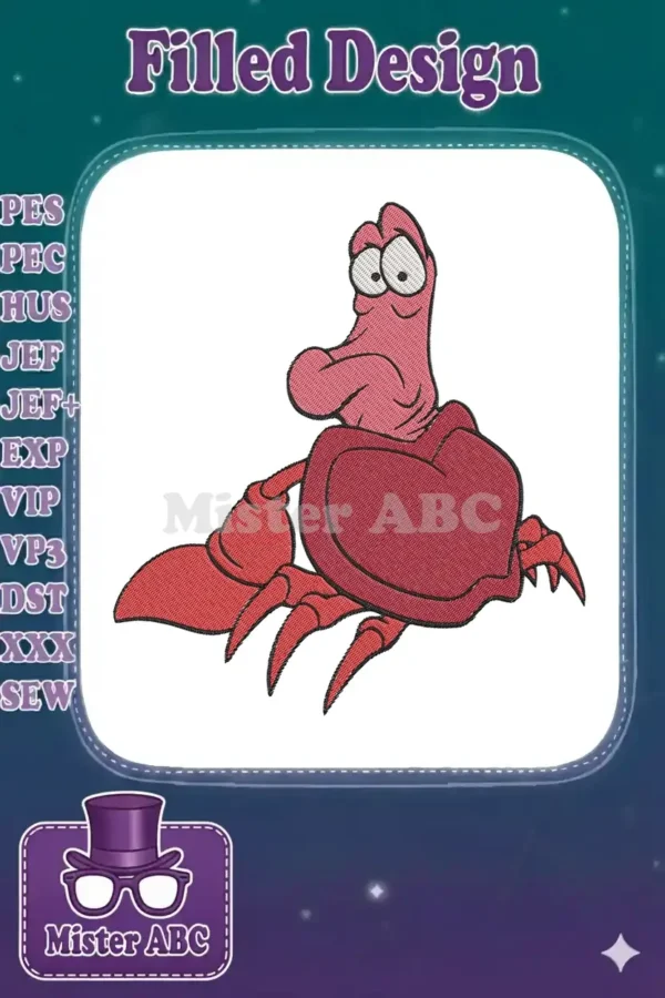 A vibrant embroidery design of Sebastian the crab from The Little Mermaid, with his signature surprised expression.