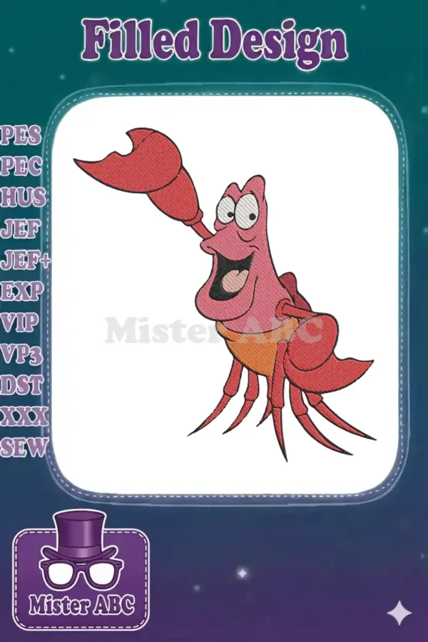 A cheerful embroidered Sebastian the crab from Disney's Little Mermaid, raising a claw with a wide smile.