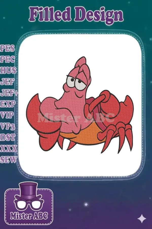 Embroidered Sebastian the crab, a beloved Disney character, featuring detailed stitching and vibrant colors.