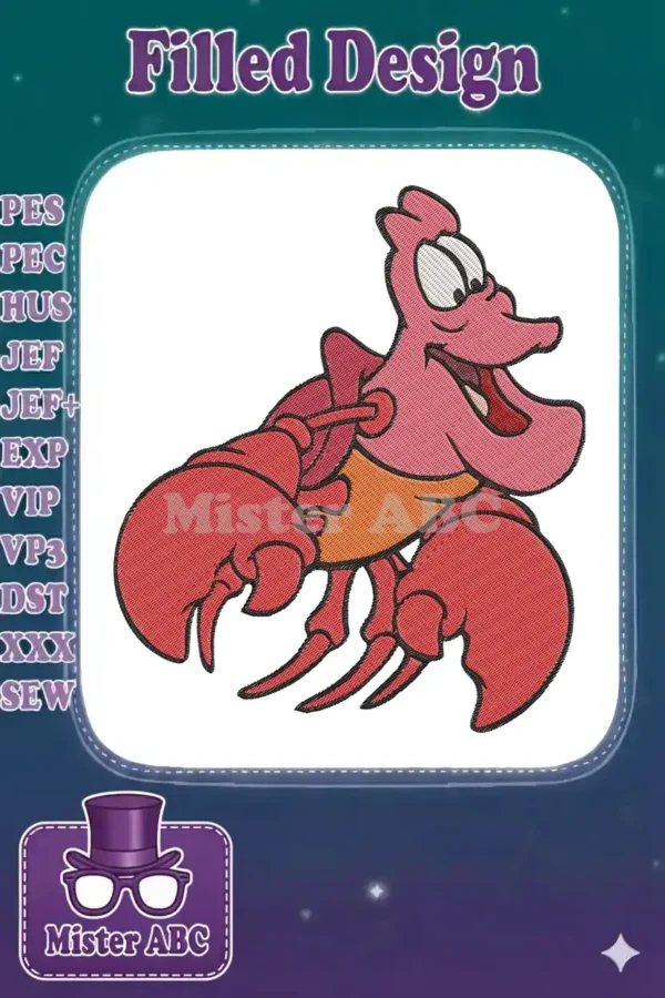 Vibrant embroidery design featuring Sebastian the crab from The Little Mermaid, with a cheerful expression.