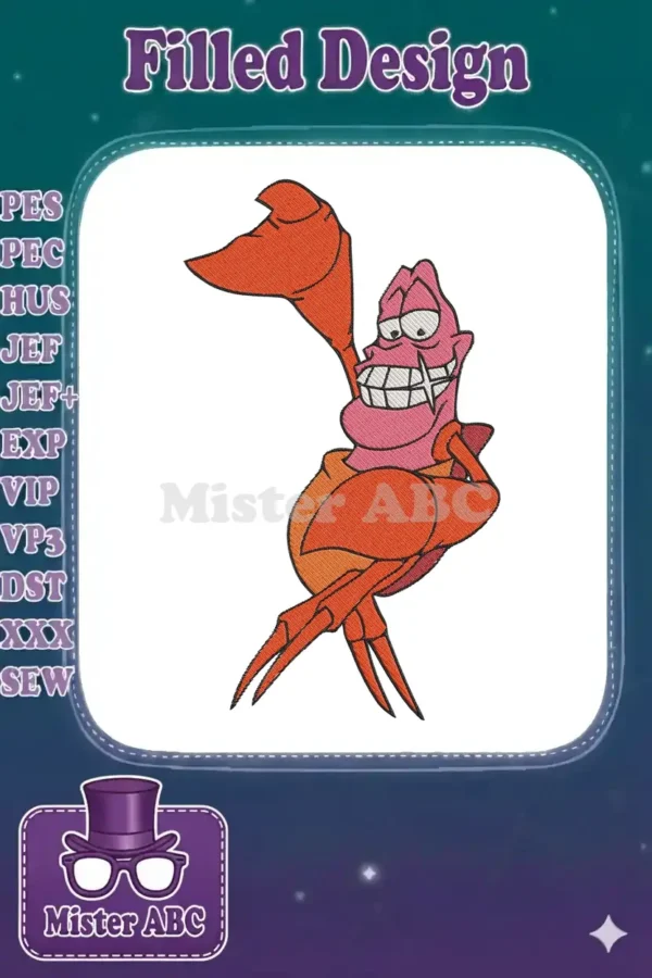 Sebastian the crab embroidery design, featuring his iconic, cheerful pose with a raised claw and big smile.