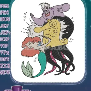 Vibrant embroidery design depicting Ariel and Ursula from The Little Mermaid, locked in a magical contract struggle.