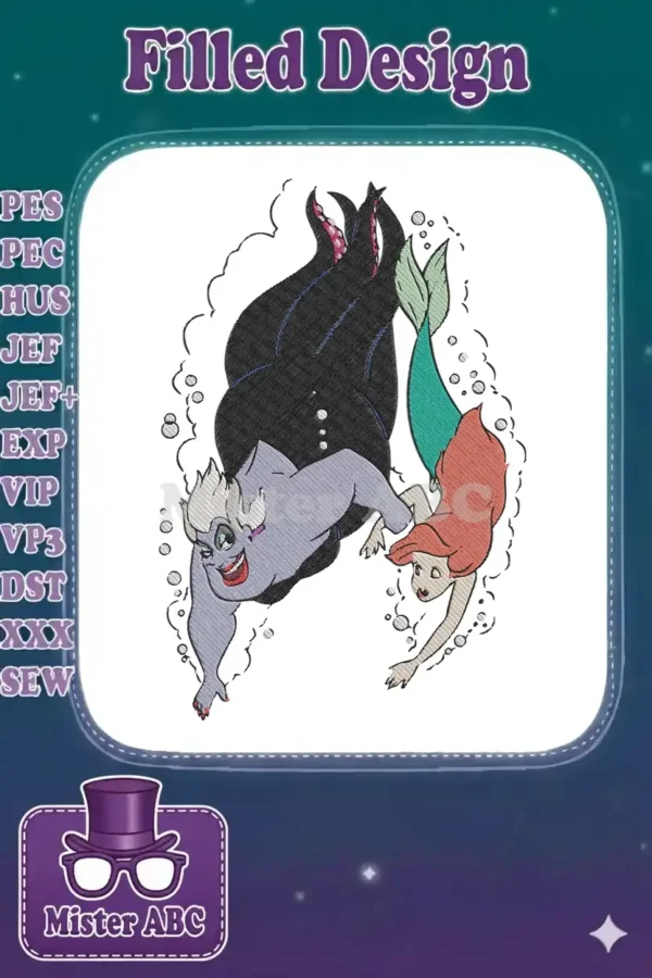 Vibrant embroidery of Disney's Ursula and Ariel in a dynamic underwater scene, showcasing intricate detailing.