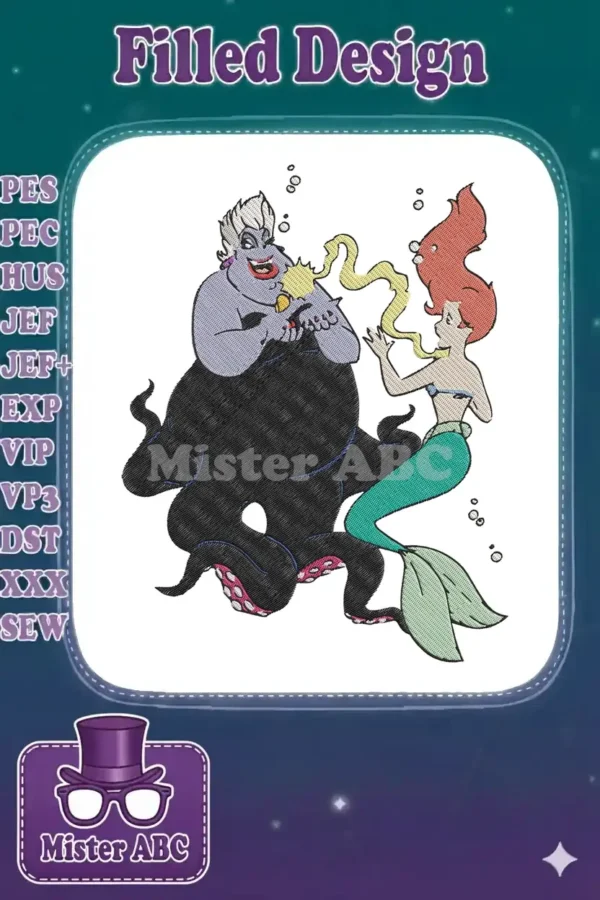 An iconic embroidery design depicting Ursula the sea witch confronting Ariel the mermaid, from Disney's The Little Mermaid.