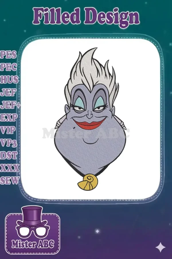 Close-up of an intricately embroidered Ursula design, featuring her iconic purple face, white hair, and golden shell.