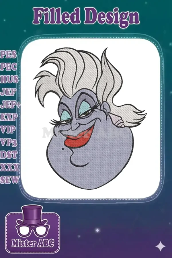 Close-up of Ursula's embroidered face, featuring her iconic smile, white hair, and purple skin tones.