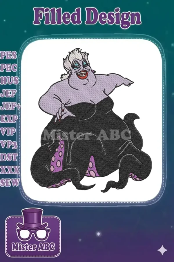 A vibrant embroidery design of Ursula, the iconic sea witch, with lavender skin and a black octopus body, smiling deviously.