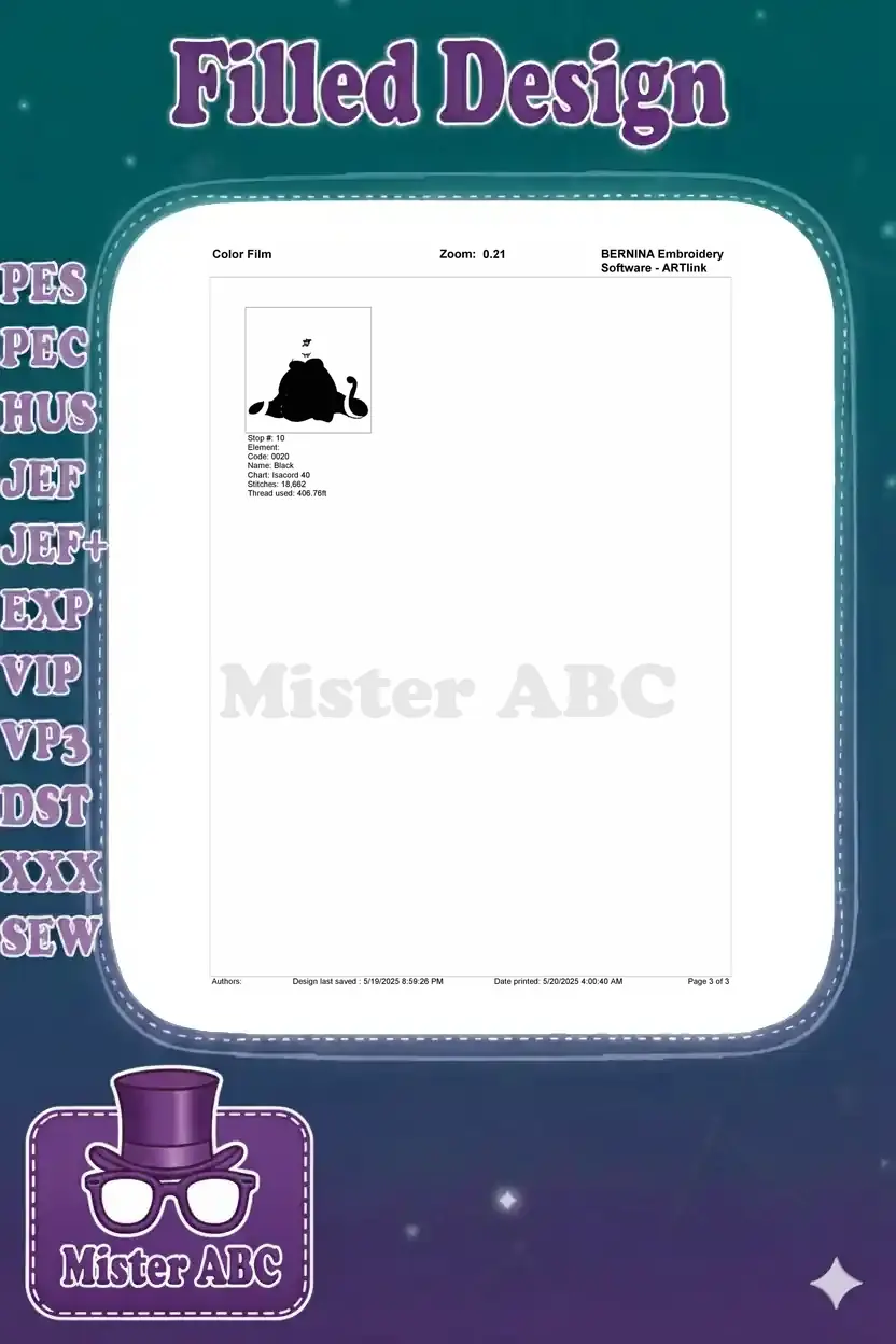 Final embroidery color film page, detailing the last stitching stop for the Ursula design's black elements.