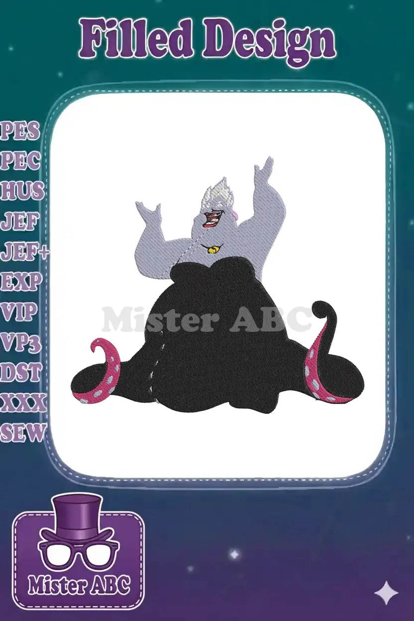 Vibrant Ursula embroidery design, showcasing her iconic look with grey skin, black tentacles, and pink suckers.