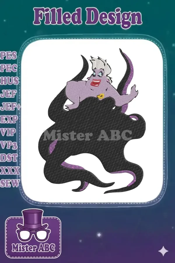 Full-color embroidered Ursula design, featuring her lavender skin, white hair, red lips, and dark tentacles.