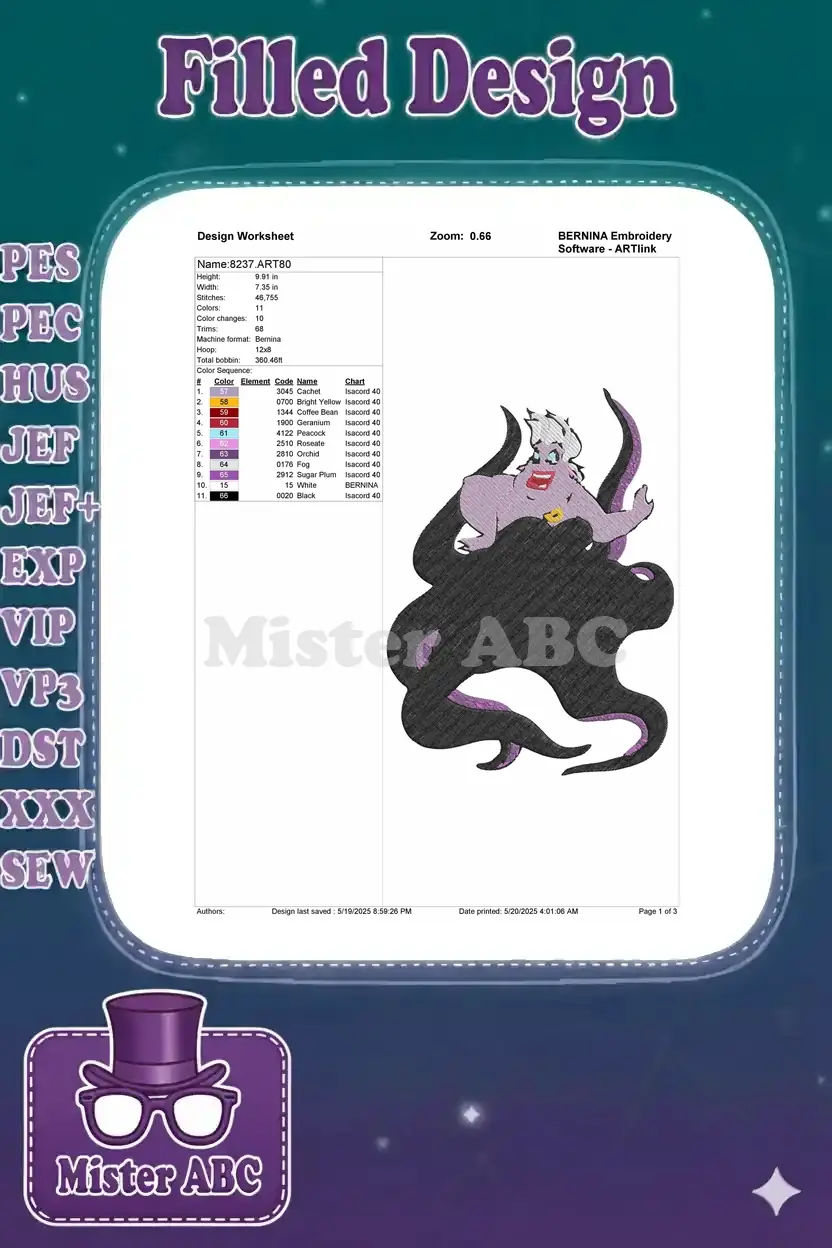 Embroidery design worksheet for Ursula, detailing dimensions, stitch count, color changes, and thread chart.